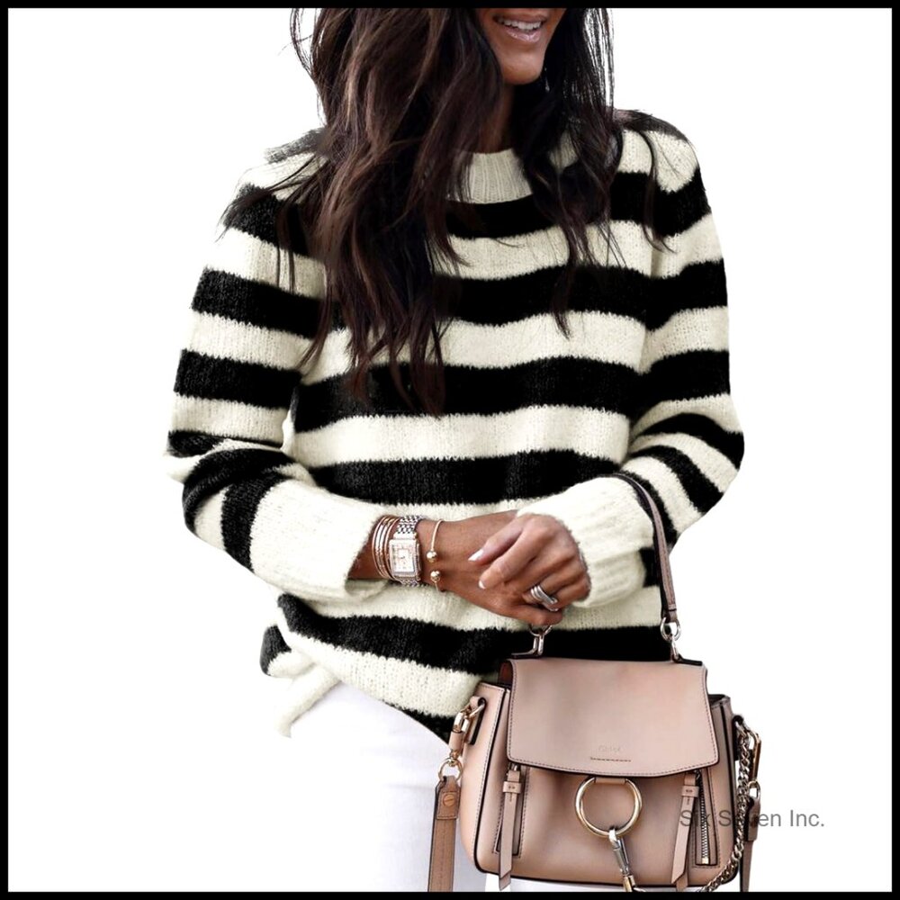 Striped Color Block Crewneck Knitted Pullover Sweater Oversized Casual Y2k